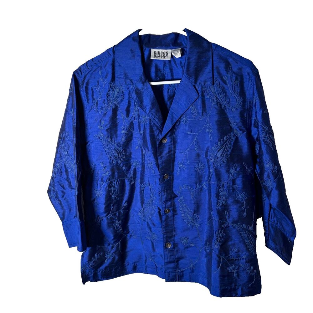 Chico's Design Jacket Women's 0 Medium Embroidered Floral Button Up 100% Silk